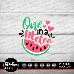 May include: A graphic design featuring the text One in a Melon in green and pink script and sans-serif fonts. The design includes three pink hearts and a stylized watermelon slice with black seeds, set against a light wood grain background.