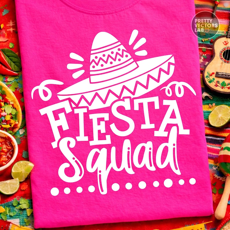 May include: A bright pink t-shirt with the words "Fiesta Squad" in white, along with a white sombrero graphic. The shirt is displayed on a colorful, festive background, suggesting a celebration theme.