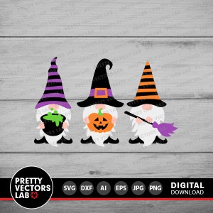 May include: Three Halloween gnomes with white beards and black hats. The gnome on the left is holding a cauldron with green liquid. The gnome in the middle is holding a jack-o-lantern. The gnome on the right is holding a purple broom.
