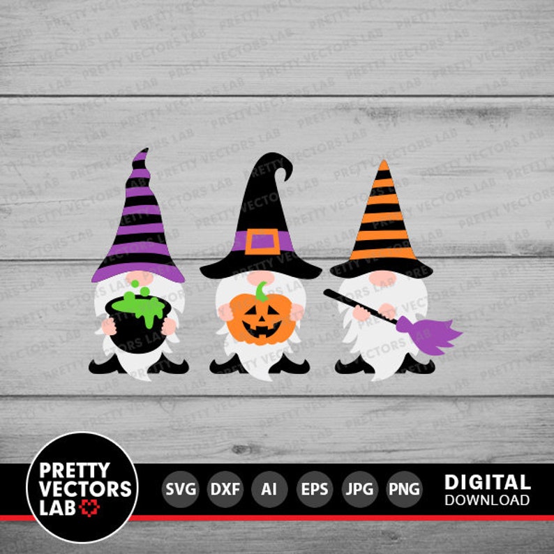 May include: Three Halloween gnomes with white beards and black hats. The gnome on the left is holding a cauldron with green liquid. The gnome in the middle is holding a jack-o-lantern. The gnome on the right is holding a purple broom.