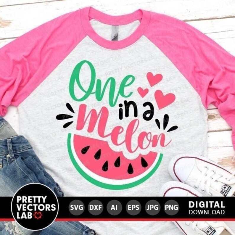 May include: A heather gray raglan t-shirt with bright pink sleeves and a graphic print that reads One in a Melon in green, black, and pink text. The design includes three small pink hearts and a large watermelon slice with black seeds.