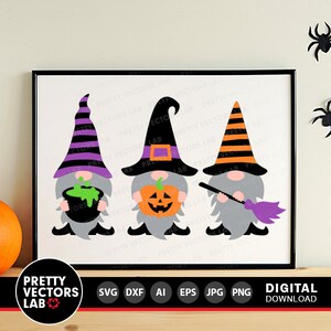May include: Three Halloween gnomes with black hats, purple and white striped hats, and orange and black striped hats. The gnomes are holding a cauldron, a jack-o'-lantern, and a broom.