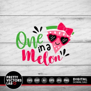May include: A digital download of a watermelon with sunglasses and a bow, with the text "One in a Melon" in green and pink letters on a white wood background.