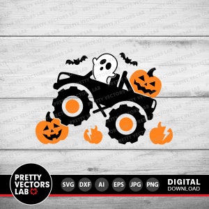 May include: A black monster truck with a ghost driver, carrying a jack-o'-lantern. The truck is driving over pumpkins and leaving a trail of sparks.