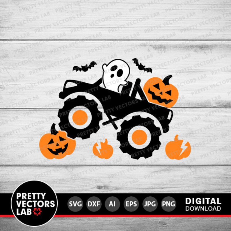 May include: A black monster truck with a ghost driver, carrying a jack-o'-lantern. The truck is driving over pumpkins and leaving a trail of sparks.