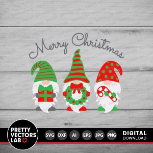 May include: Three gnomes with red, green, and white hats and beards. The gnome on the left is holding a red gift box, the gnome in the middle is holding a green wreath, and the gnome on the right is holding a candy cane. The gnomes are on a woodgrain background with the text "Merry Christmas" above them.