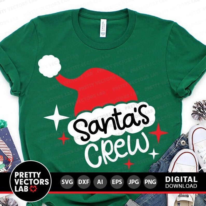 May include: Green t-shirt featuring a white and red Santa hat graphic with the text "Santa's Crew" in white.