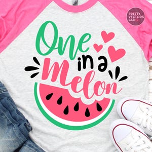 May include: A heather gray raglan t-shirt with bright pink sleeves featuring a graphic print that says One in a Melon in green, black, and pink text. The design includes three pink hearts and a watermelon slice with black seeds at the bottom.
