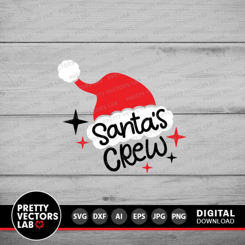 May include: A red Santa hat with white trim and the text "Santa's Crew" in black script. The hat is surrounded by five white stars.