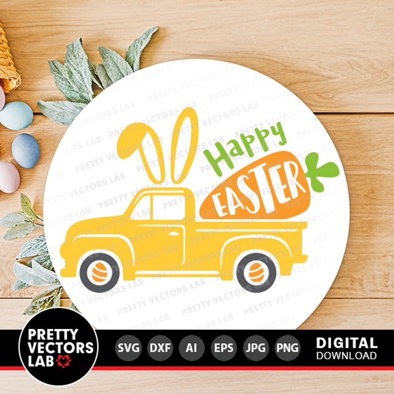 Puede incluir: Una camioneta amarilla con orejas de conejo en la cabina, transportando una zanahoria con el texto "Happy Easter" en el lateral. La camioneta est&aacute; sobre un fondo blanco circular.