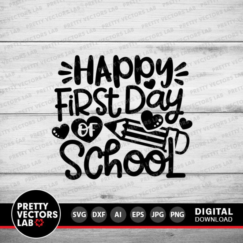 Może przedstawiać: Czarno-biały projekt graficzny z tekstem "Happy First Day of School" z oł&oacute;wkiem i sercami.
