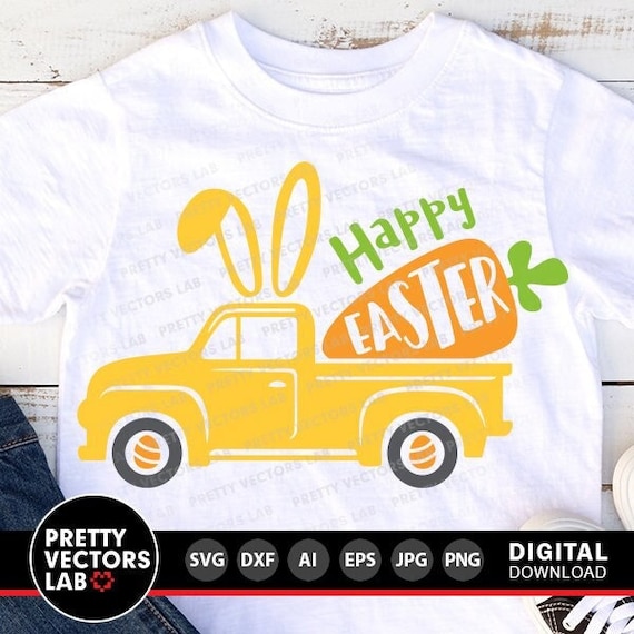 Happy Easter Svg, Easter Truck Svg, Easter Cut Files, Vintage Truck with Carrot Svg Dxf Eps Png, Kids Shirt Design, Bunny, Silhouette Cricut