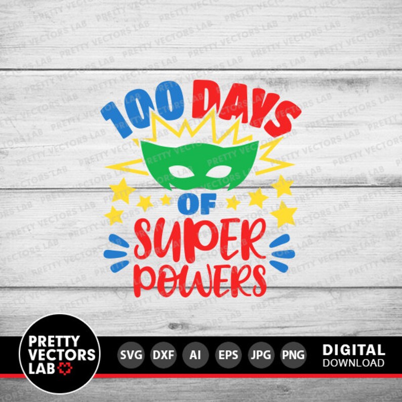 Pode incluir: Um design gr&aacute;fico colorido com o texto "100 Dias de Super Poderes" em vermelho, azul e amarelo. Uma m&aacute;scara de super-her&oacute;i verde com uma estrela amarela atr&aacute;s est&aacute; acima do texto. O design est&aacute; em um fundo de madeira branco.