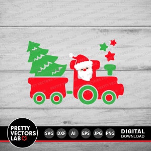 May include: A red toy train with a green roof and wheels pulls a red wagon with a green Christmas tree. Santa Claus is in the front of the train wearing a red hat and white beard.