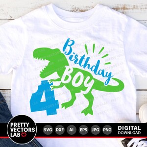 May include: A white t-shirt with a green dinosaur graphic and the text "4th Birthday Boy".