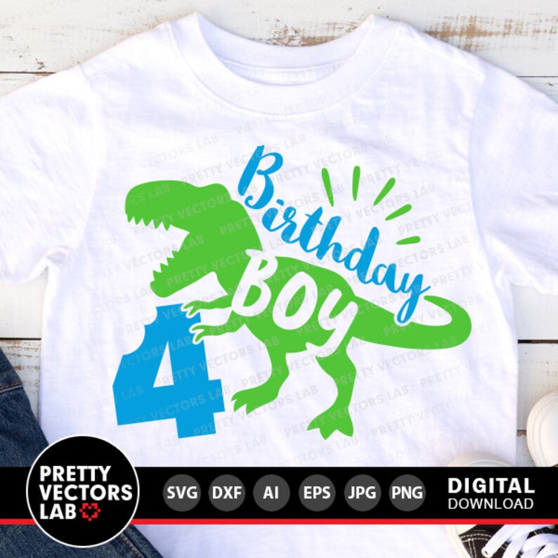 May include: A white t-shirt with a green dinosaur graphic and the text "4th Birthday Boy".