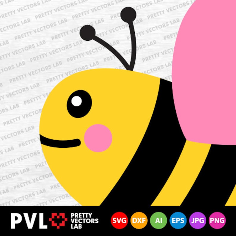 May include: A cartoon bee with black and yellow stripes, pink cheeks, and a pink wing. The bee has large, black eyes and a smiling mouth.