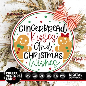 Peperkoek kusjes & kerstwensen Svg, kerst gesneden bestanden, peperkoek Svg, ronde teken Svg, winter Svg Dxf Eps Png, silhouet, Cricut
