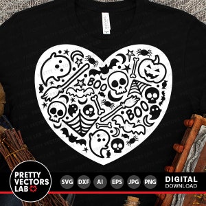 May include: A white heart-shaped design with a black outline filled with Halloween-themed illustrations. The design includes bats, ghosts, spiders, skulls, bones, candy corn, and the words "BOO".