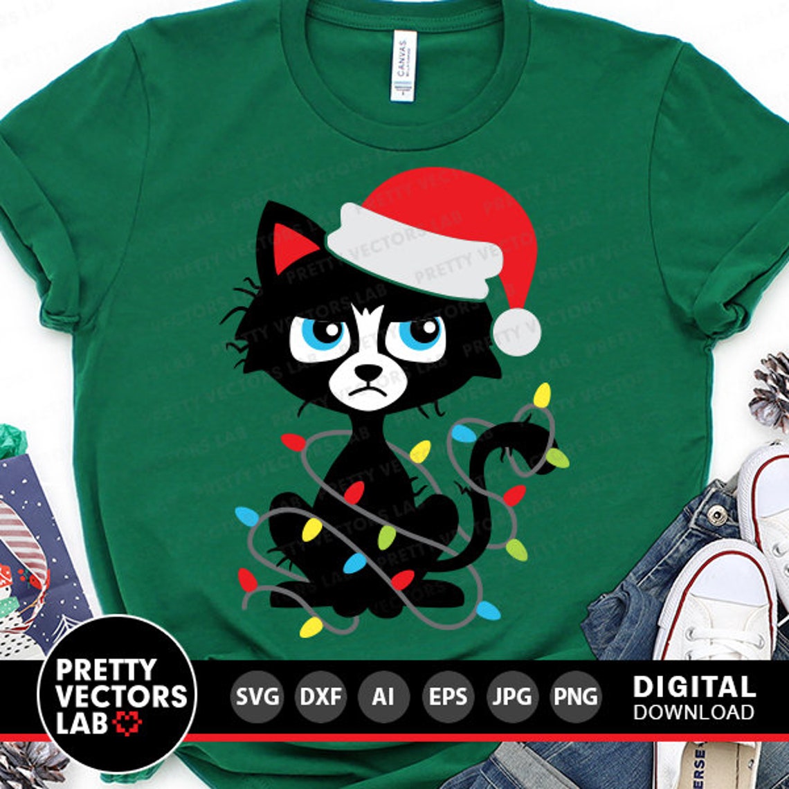 Christmas Cat Svg Funny Cat With Christmas Lights Svg Santa Etsy