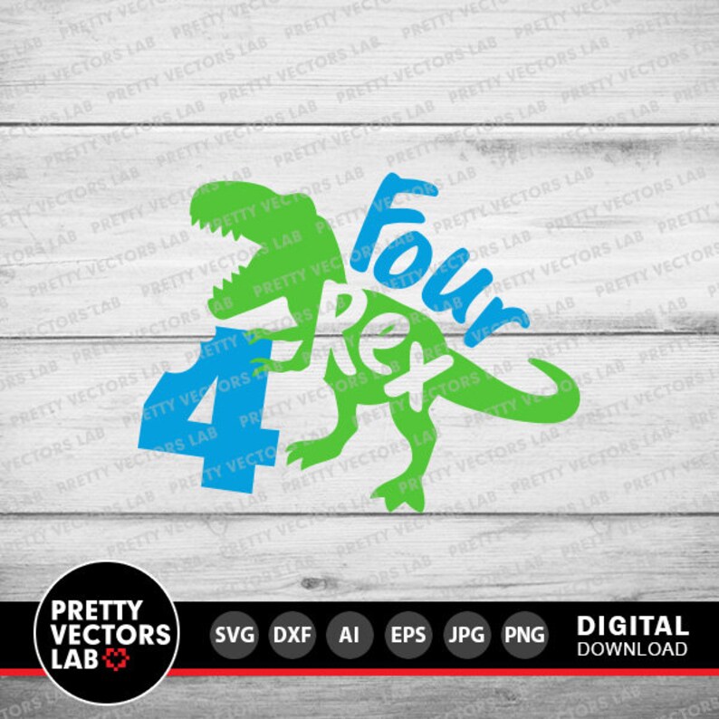 May include: Green dinosaur silhouette with the words "Four Rex" and a blue number "4" inside the dinosaur. The design is on a white wood background.