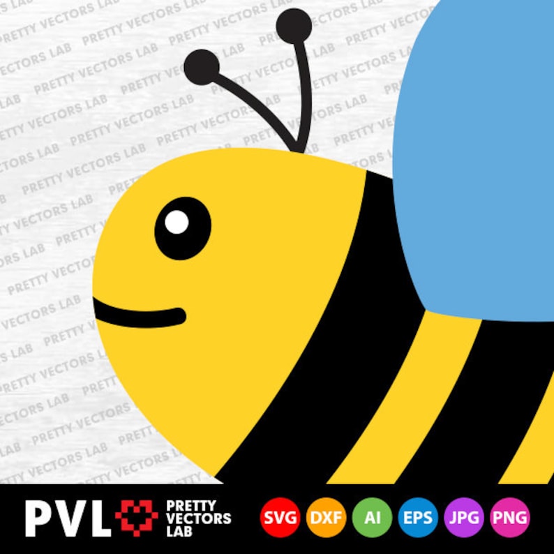 May include: A cartoon bee with a yellow body, black stripes, and a blue wing. The bee has a smiling face with a black mouth and a white eye.