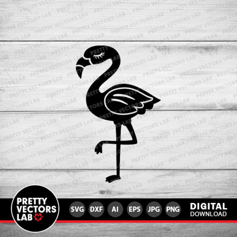 May include: Black silhouette of a flamingo with one leg raised, standing on a wooden background. The flamingo has eyelashes and a closed eye.