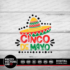 K&ouml;nnte beinhalten: Ein farbenfrohes Cinco de Mayo-Design mit einem Sombrero und dem Text "Cinco de Mayo". Das Design enth&auml;lt rote, gelbe und gr&uuml;ne Elemente, perfekt f&uuml;r digitale Bastelarbeiten und Feiern.