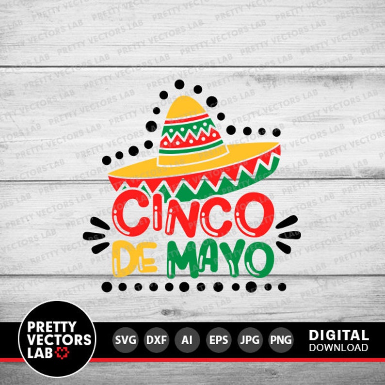 K&ouml;nnte beinhalten: Ein farbenfrohes Cinco de Mayo-Design mit einem Sombrero und dem Text "Cinco de Mayo". Das Design enth&auml;lt rote, gelbe und gr&uuml;ne Elemente, perfekt f&uuml;r digitale Bastelarbeiten und Feiern.