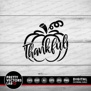 May include: Black and white digital download design of a pumpkin with the word "Thankful" written inside.