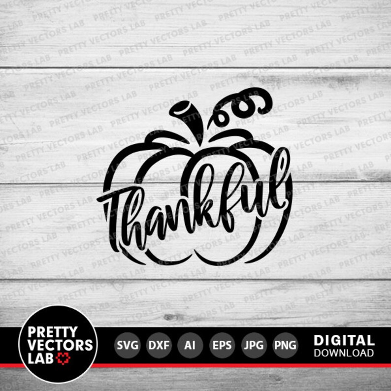 May include: Black and white digital download design of a pumpkin with the word "Thankful" written inside.
