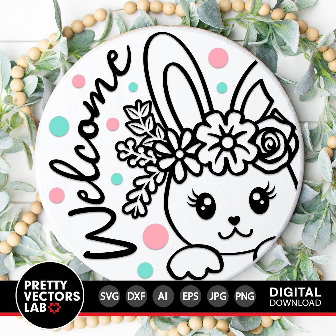Bunny Svg, Floral Easter Door Hanger Svg, Spring Laser Cut File, Round ...