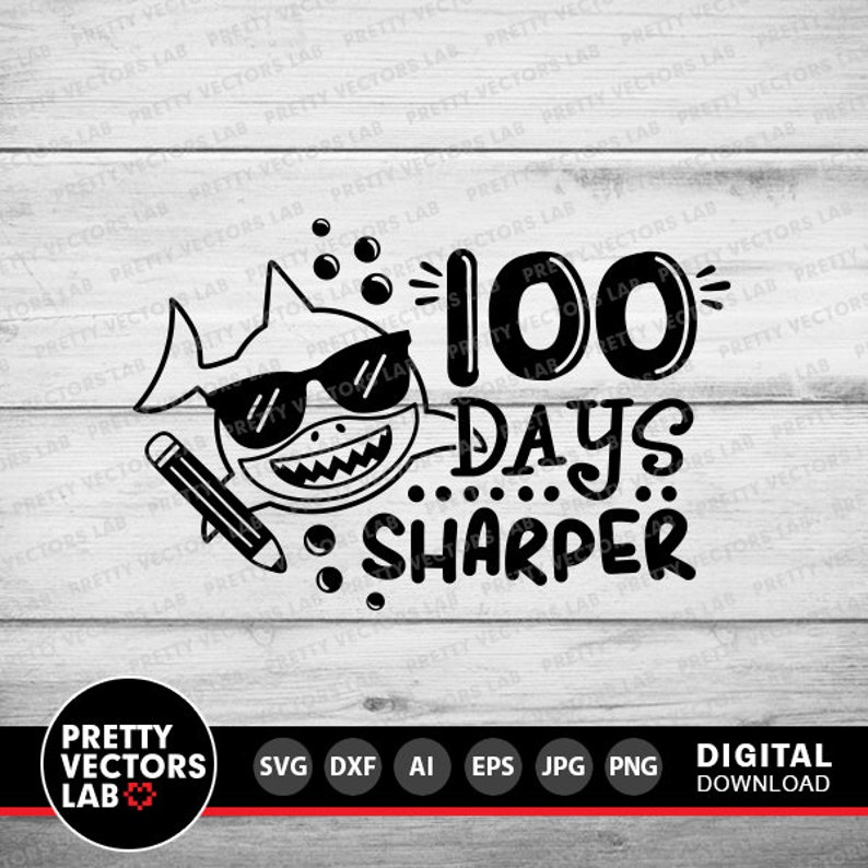 May include: Black and white graphic design featuring a shark wearing sunglasses and a pencil. The text "100 Days Sharper" is written in a bold font.