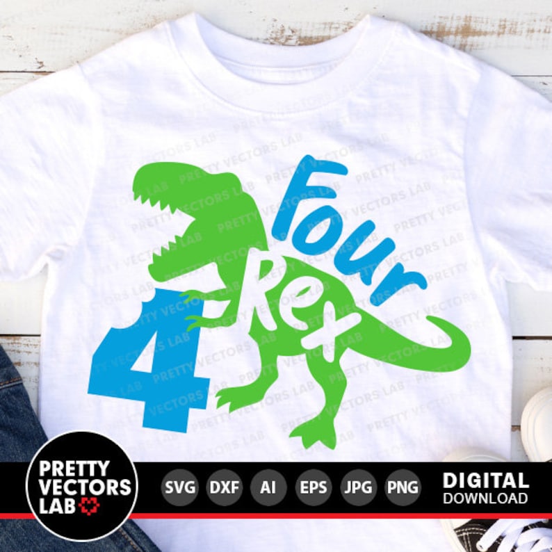 May include: A white t-shirt with a green dinosaur silhouette and the text "Four Rex" in blue and green. The dinosaur is biting into the number "4" which is blue.