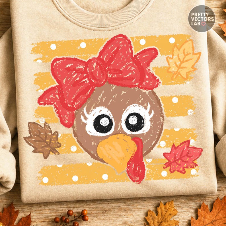May include: A beige crewneck sweatshirt featuring a graphic of a brown turkey with a large red bow, white eyelashes, and an orange beak. The design includes yellow horizontal stripes with white polka dots and scattered autumn leaves in brown and red.