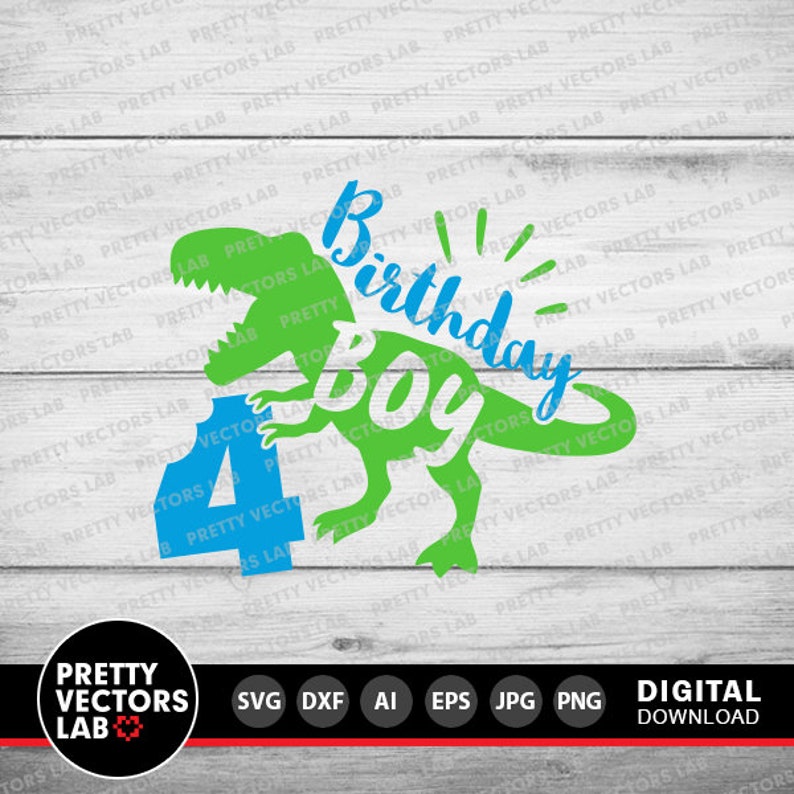May include: Green dinosaur silhouette with the text "Birthday Boy" and the number "4" in blue. The dinosaur is holding the number "4" in its mouth. The background is a white woodgrain pattern.