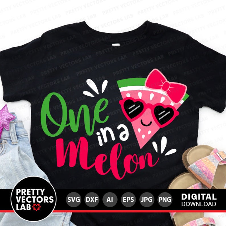 May include: A black t-shirt with a watermelon graphic and the text "One in a Melon". The watermelon is wearing sunglasses and a bow.