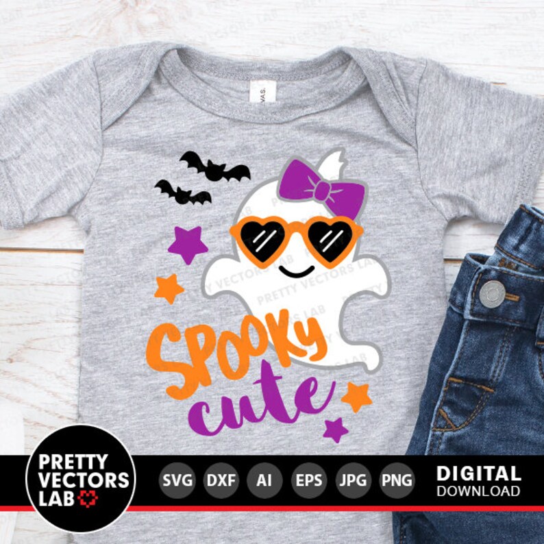 May include: A gray baby onesie with a white ghost wearing sunglasses and a purple bow. The ghost is surrounded by orange and purple stars and bats. The text "Spooky cute" is written in purple and orange letters.