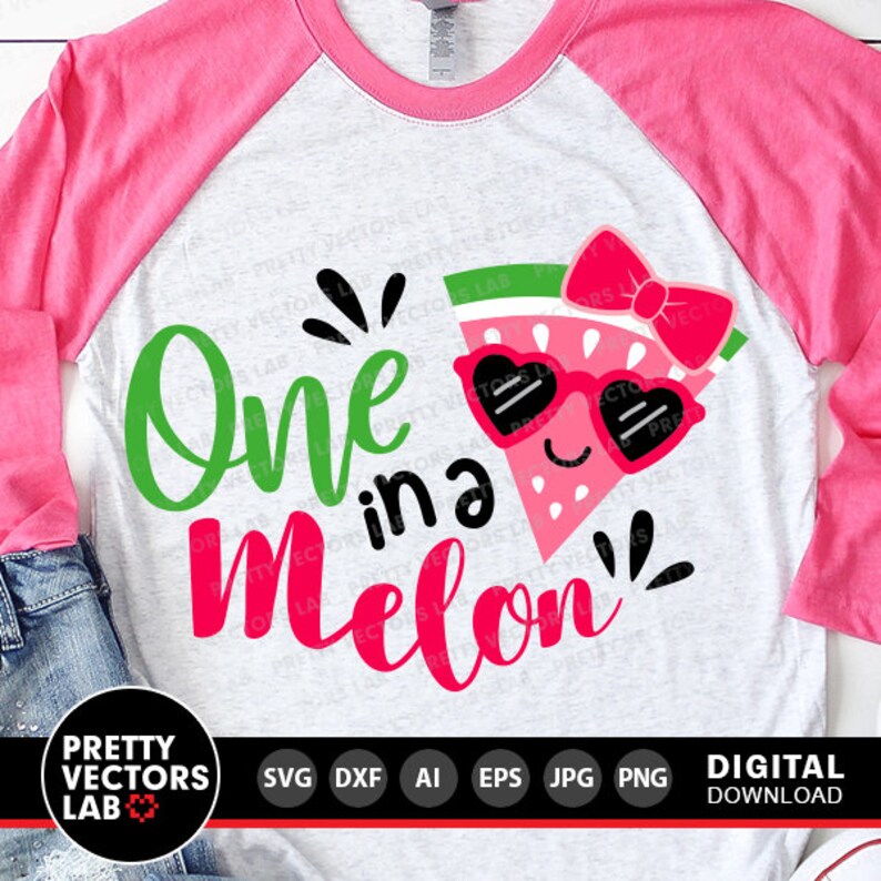 May include: A white and pink raglan t-shirt with the text "One in a Melon" in green and pink lettering. A watermelon with sunglasses and a pink bow is above the text.
