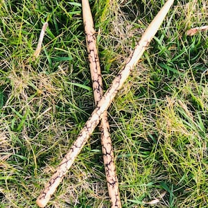 Puede incluir: Dos baquetas de batería de madera con un acabado natural y un patrón oscuro único en forma de rayo. Las baquetas están cruzadas sobre un fondo de hierba verde y marrón, mostrando su diseño.