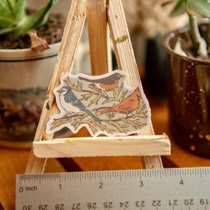 Peut inclure: Un autocollant repr&eacute;sentant trois oiseaux perch&eacute;s sur des branches, expos&eacute; sur un petit chevalet en bois. Les oiseaux sont un geai bleu, un rouge-gorge et un cardinal. La largeur de l'autocollant est d'environ 7.6 cm.