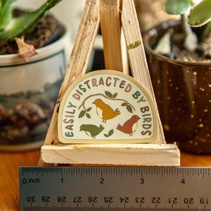 Peut inclure: Un pr&eacute;sentoir en bois avec un autocollant qui dit "EASILY DISTRACTED BY BIRDS". L'autocollant pr&eacute;sente trois oiseaux verts, jaunes et bruns. Une r&egrave;gle indique que le support mesure environ 7.6 cm de large.