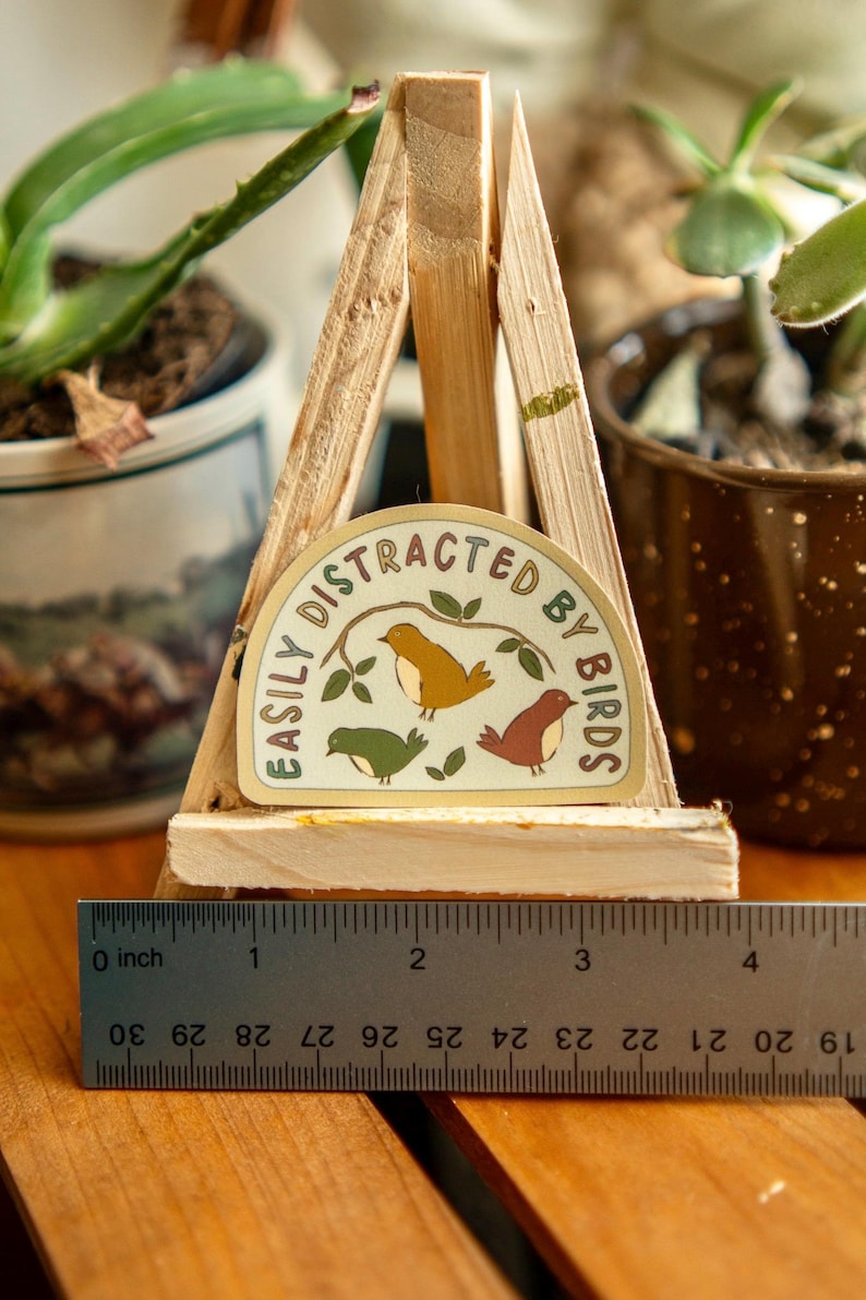Peut inclure: Un pr&eacute;sentoir en bois avec un autocollant qui dit "EASILY DISTRACTED BY BIRDS". L'autocollant pr&eacute;sente trois oiseaux verts, jaunes et bruns. Une r&egrave;gle indique que le support mesure environ 7.6 cm de large.
