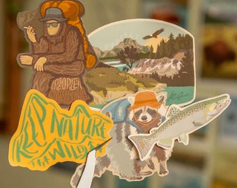 Adventure Sticker Pack | Weatherproof Travel/Nomad/Granola/Hiking Stickers | Salmon | Sasquatch Bigfoot | Raccoon | Water Bottle Stickers