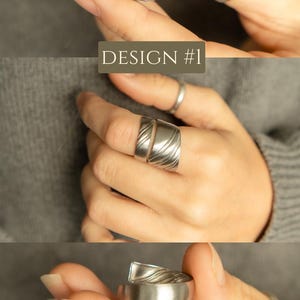 May include: Three silver rings with a textured design. The rings are stacked on top of each other. DESIGN #1 is written in the image.