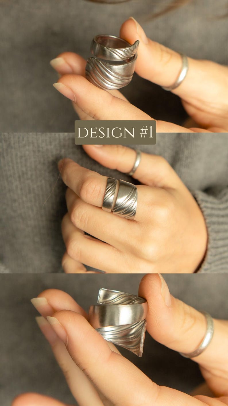 May include: Three silver rings with a textured design. The rings are stacked on top of each other. DESIGN #1 is written in the image.