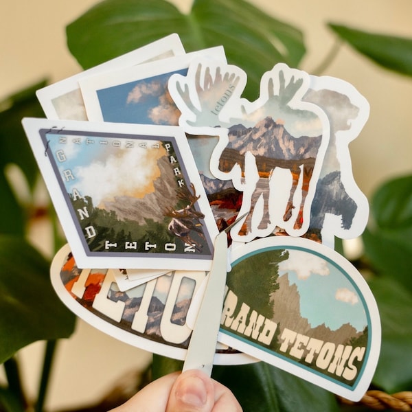 grand teton national park sticker pack - moose - tetons - jackson hole - waterproof travel stickers