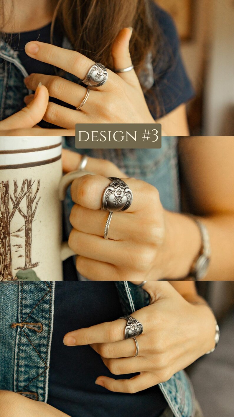 May include: Three different designs of spoon rings. The rings are made from vintage silverware and feature a floral design. The rings are shown on a person's hand.