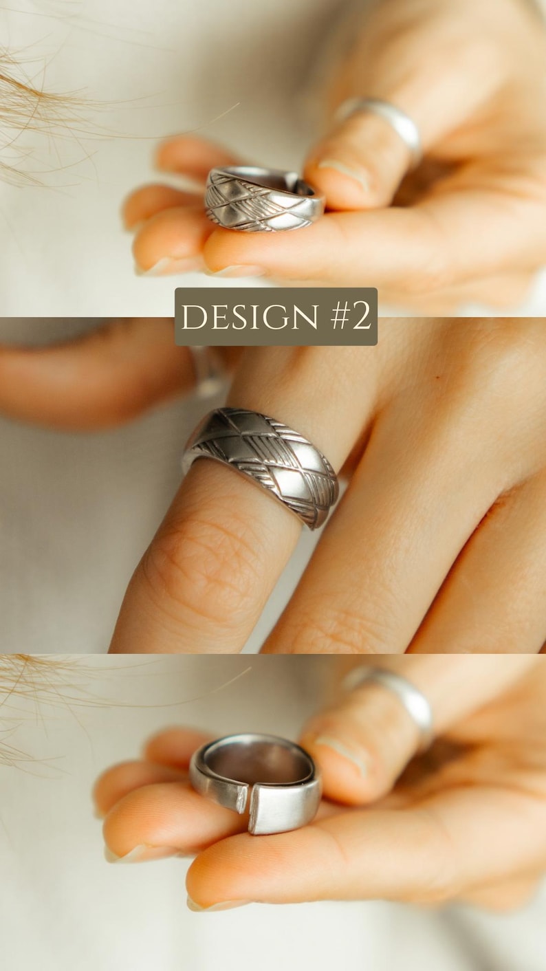 May include: A silver ring with a geometric pattern. The ring is shown on a finger and is open on one side.