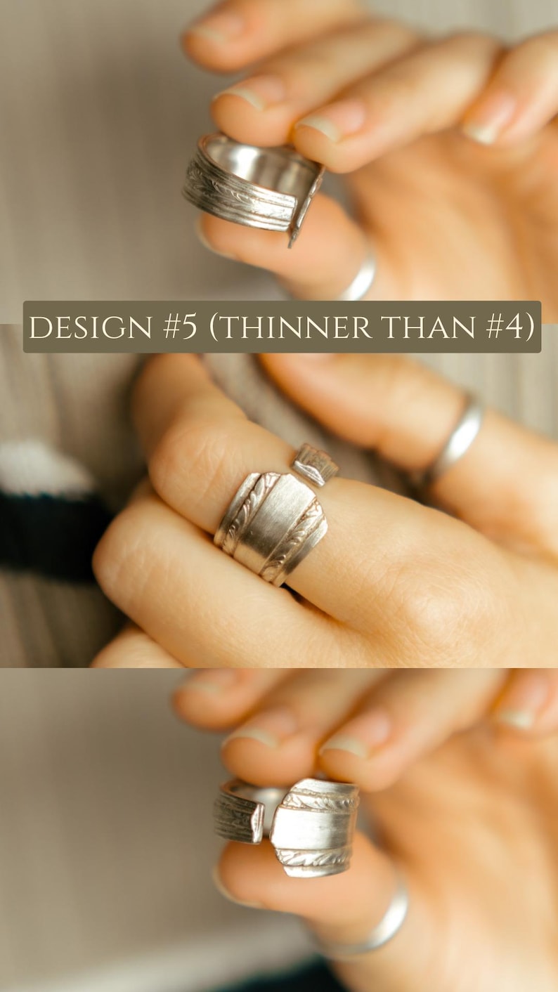 May include: A silver ring made from a repurposed spoon. The ring is open and has a decorative design on the band. The ring is shown on a person's finger.